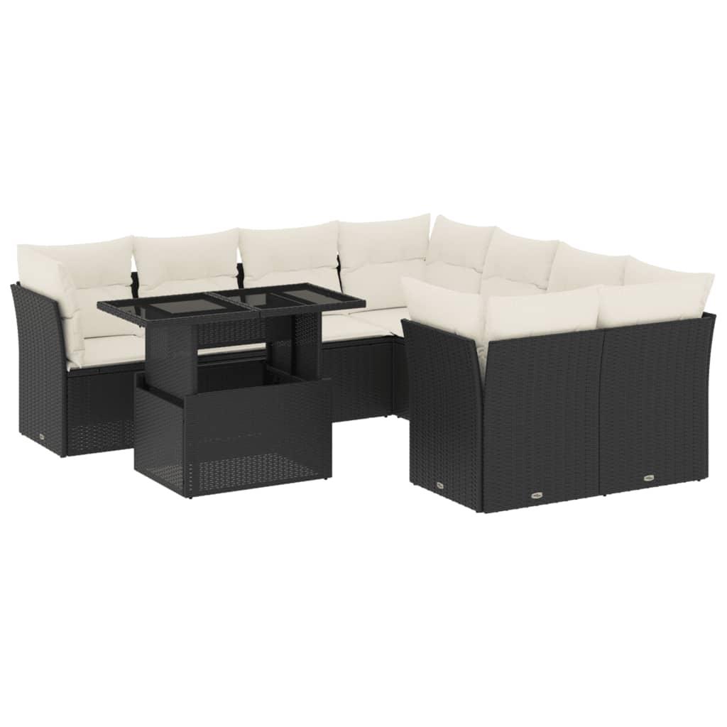 9 Piece Garden Sofa Set with Cushions Black Poly Rattan
