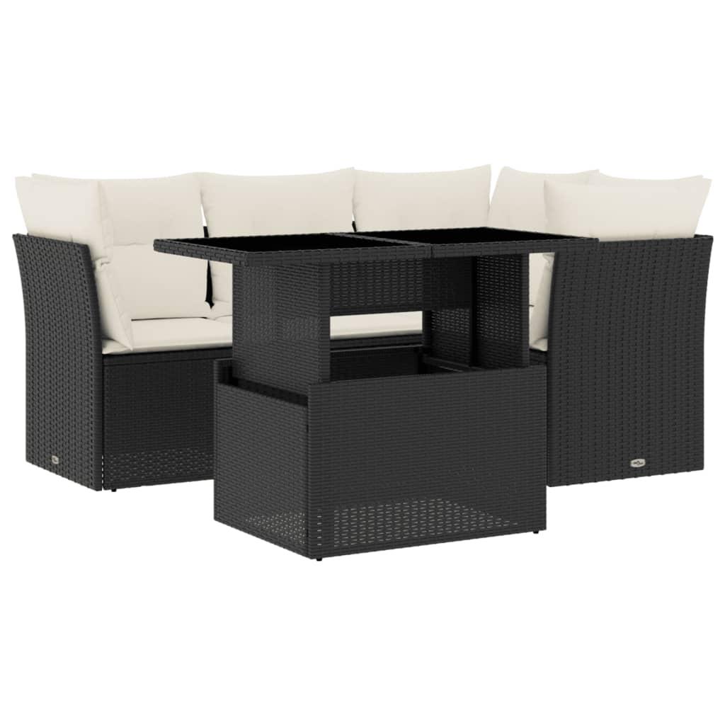 5 Piece Garden Sofa Set with Cushions Black Poly Rattan