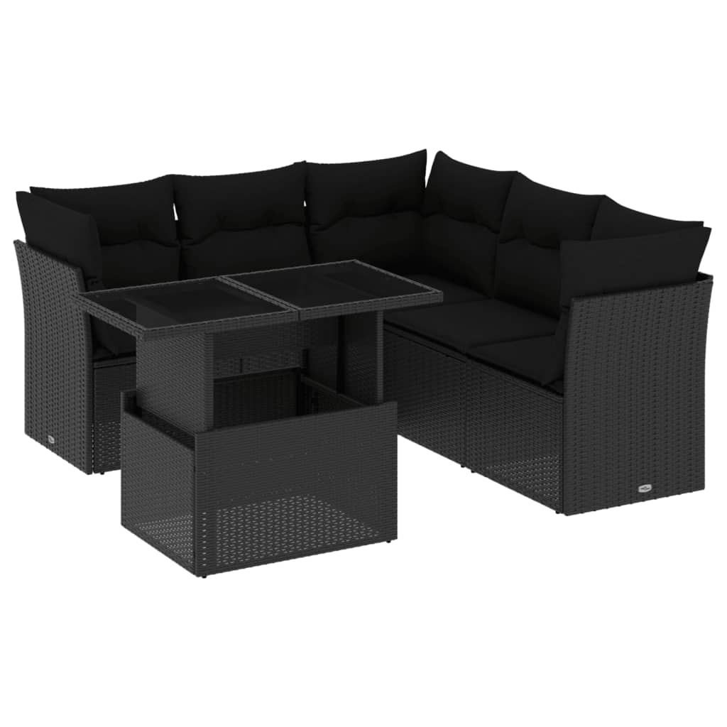 6 Piece Garden Sofa Set with Cushions Black Poly Rattan