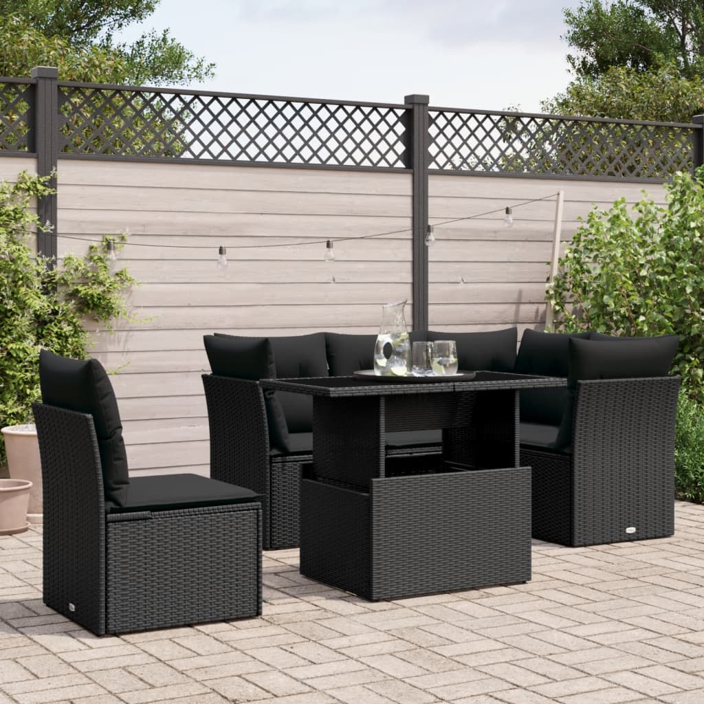 6 Piece Garden Sofa Set with Cushions Black Poly Rattan