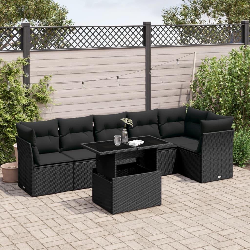 7 Piece Garden Sofa Set with Cushions Black Poly Rattan