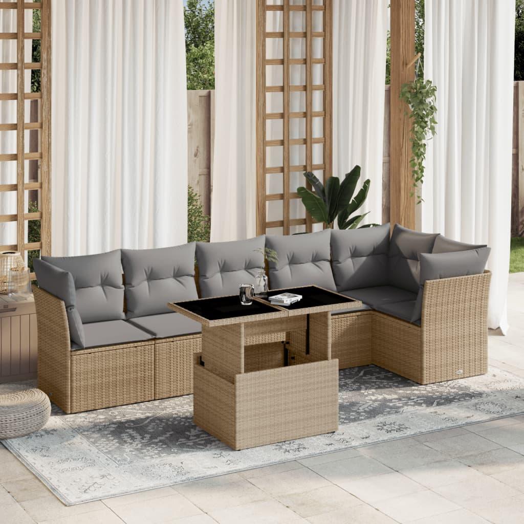 7 Piece Garden Sofa Set with Cushions Beige Poly Rattan