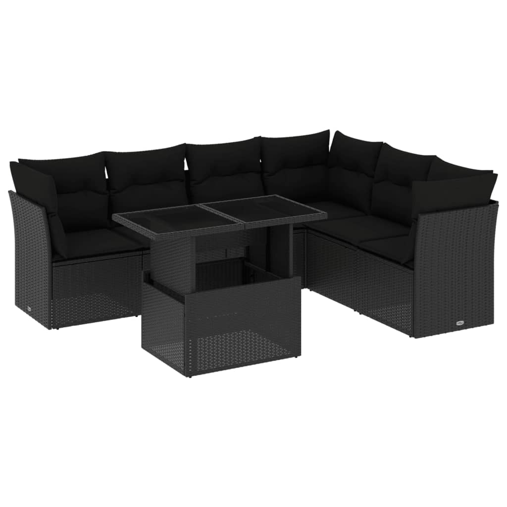 7 Piece Garden Sofa Set with Cushions Black Poly Rattan