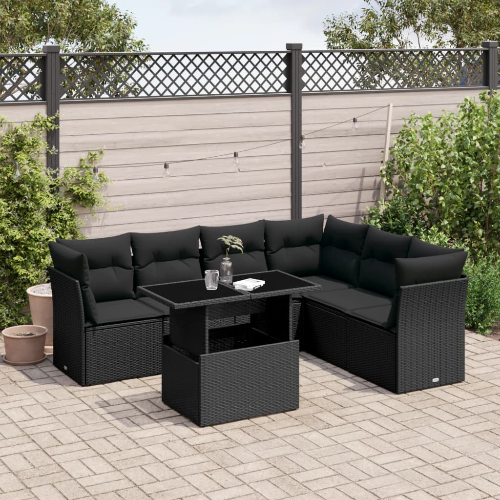 7 Piece Garden Sofa Set with Cushions Black Poly Rattan