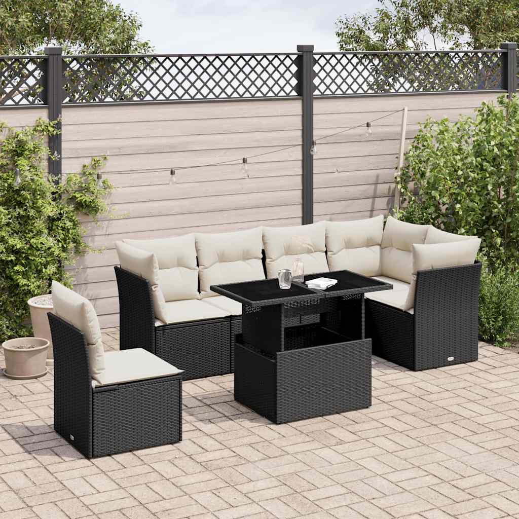 7 Piece Garden Sofa Set with Cushions Black Poly Rattan