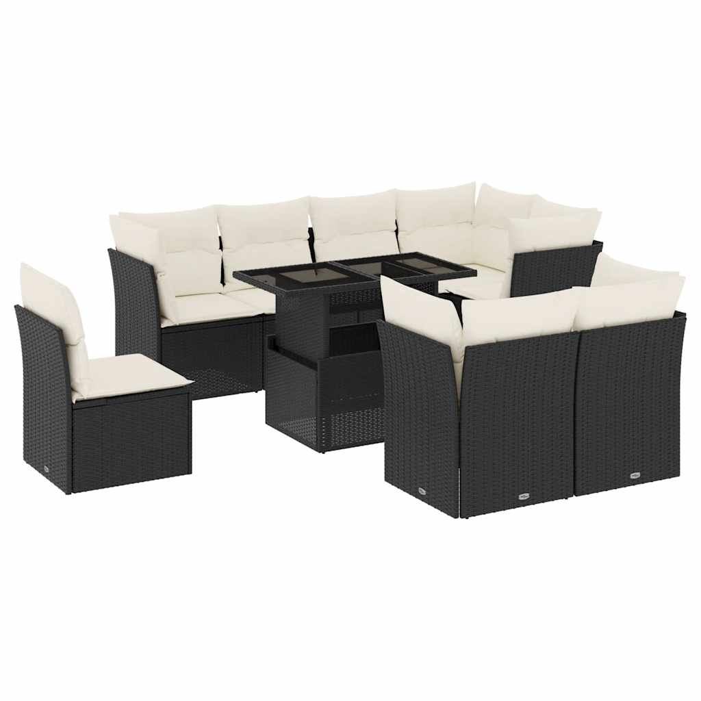 9 Piece Garden Sofa Set with Cushions Black Poly Rattan