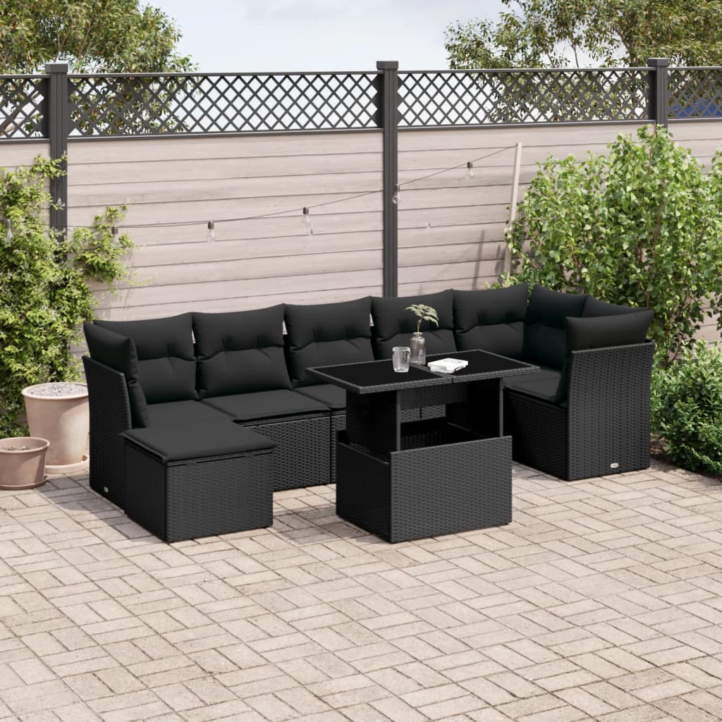 8 Piece Garden Sofa Set with Cushions Black Poly Rattan