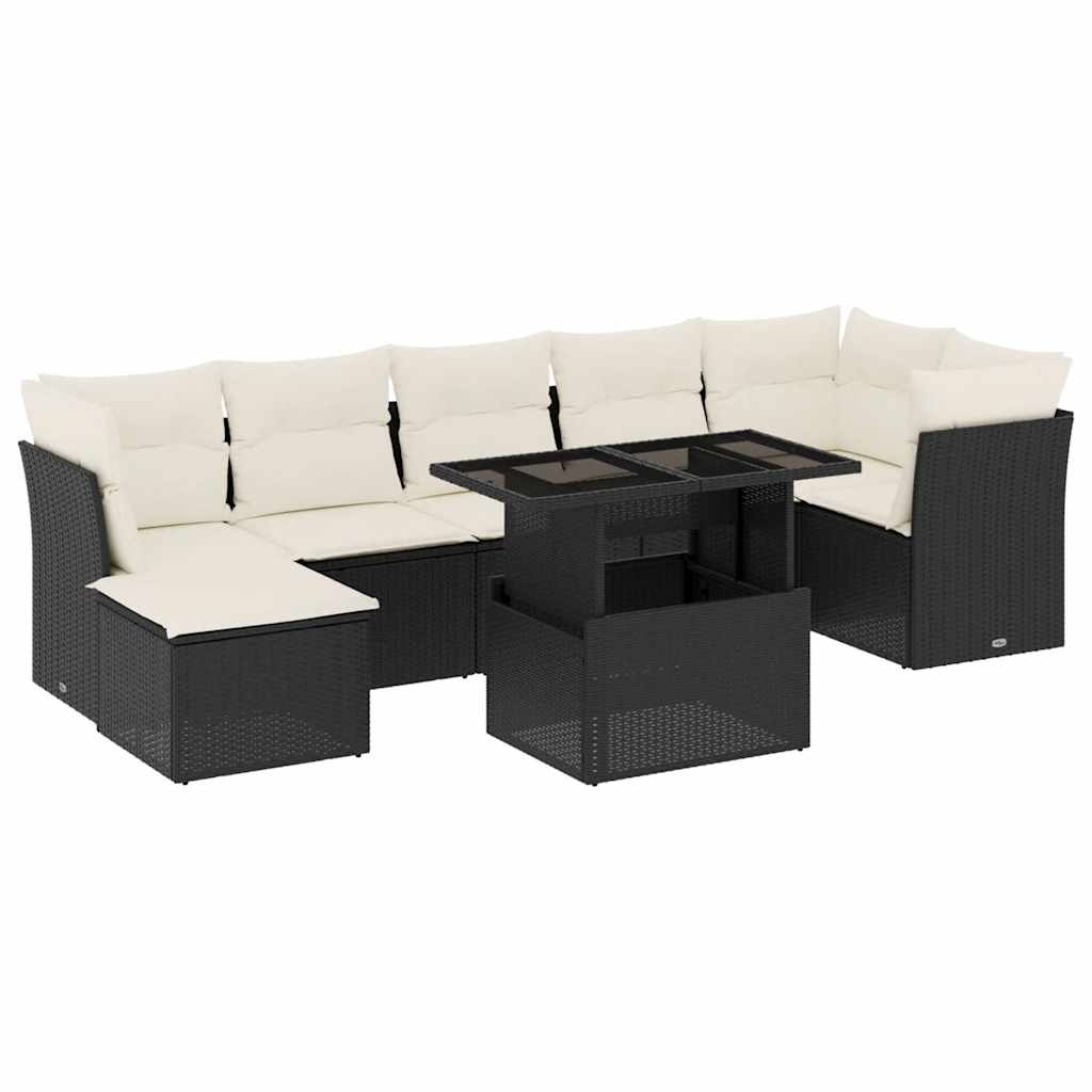 8 Piece Garden Sofa Set with Cushions Black Poly Rattan