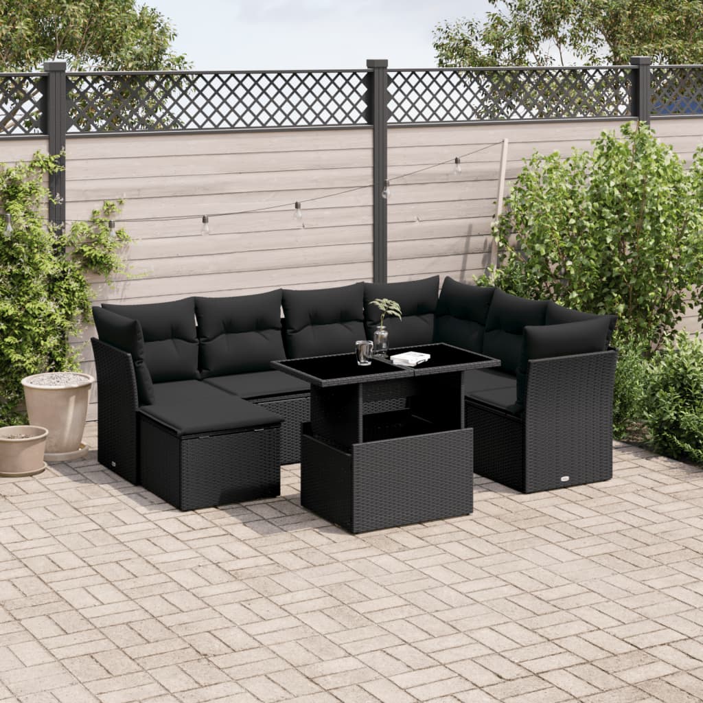 8 Piece Garden Sofa Set with Cushions Black Poly Rattan