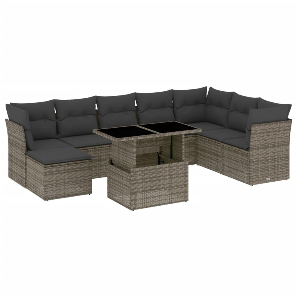 9 Piece Garden Sofa Set with Cushions Grey Poly Rattan