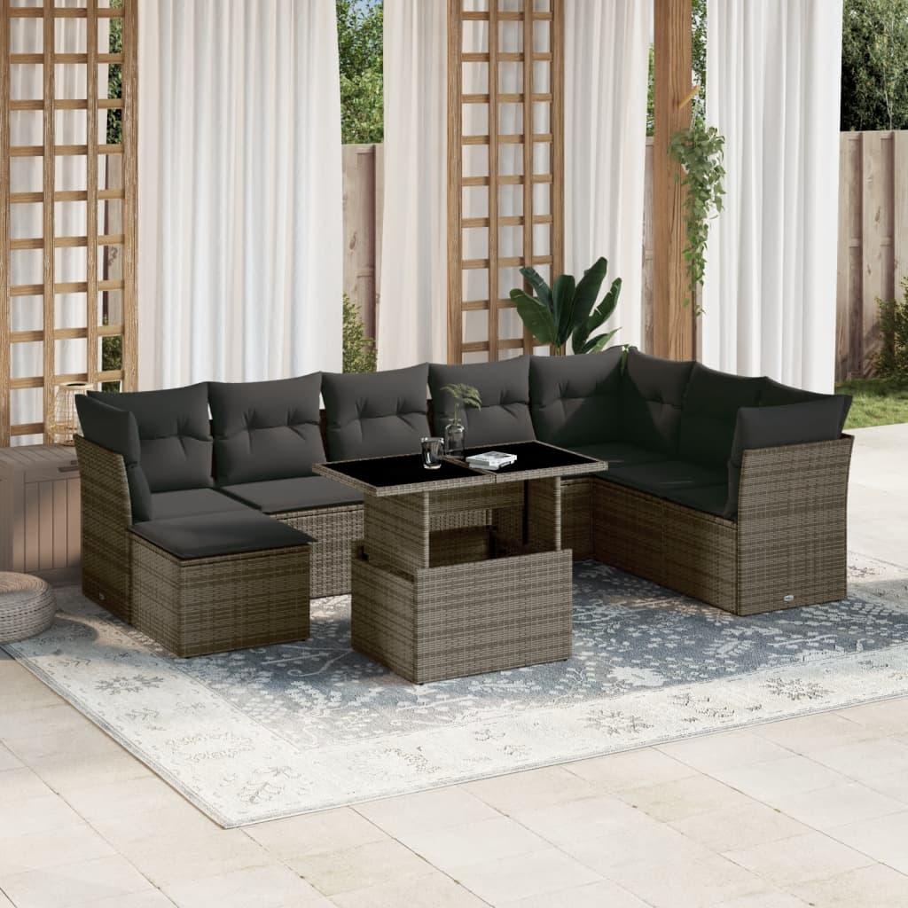 9 Piece Garden Sofa Set with Cushions Grey Poly Rattan