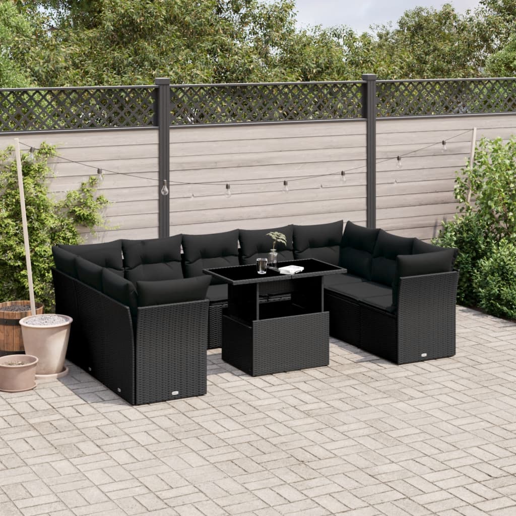 10 Piece Garden Sofa Set with Cushions Black Poly Rattan