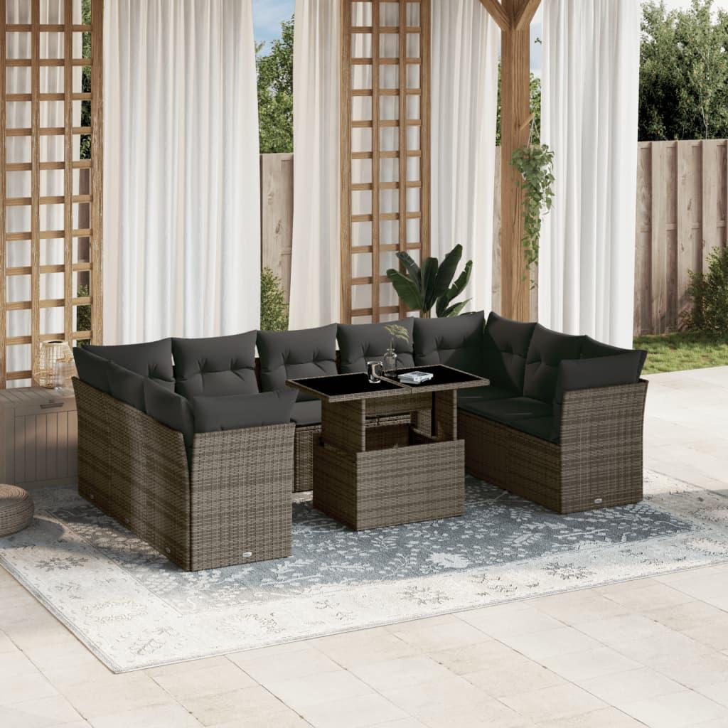 10 Piece Garden Sofa Set with Cushions Grey Poly Rattan