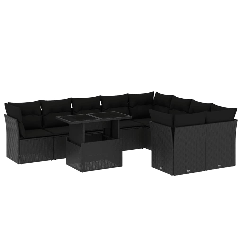 10 Piece Garden Sofa Set with Cushions Black Poly Rattan