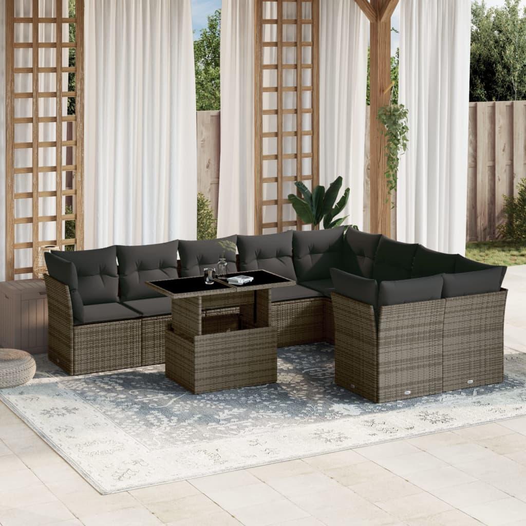 10 Piece Garden Sofa Set with Cushions Grey Poly Rattan