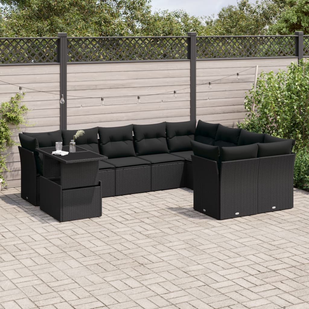 10 Piece Garden Sofa Set with Cushions Black Poly Rattan