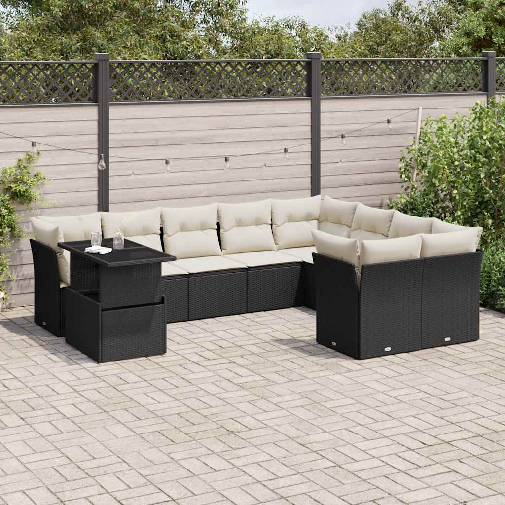 10 Piece Garden Sofa Set with Cushions Black Poly Rattan