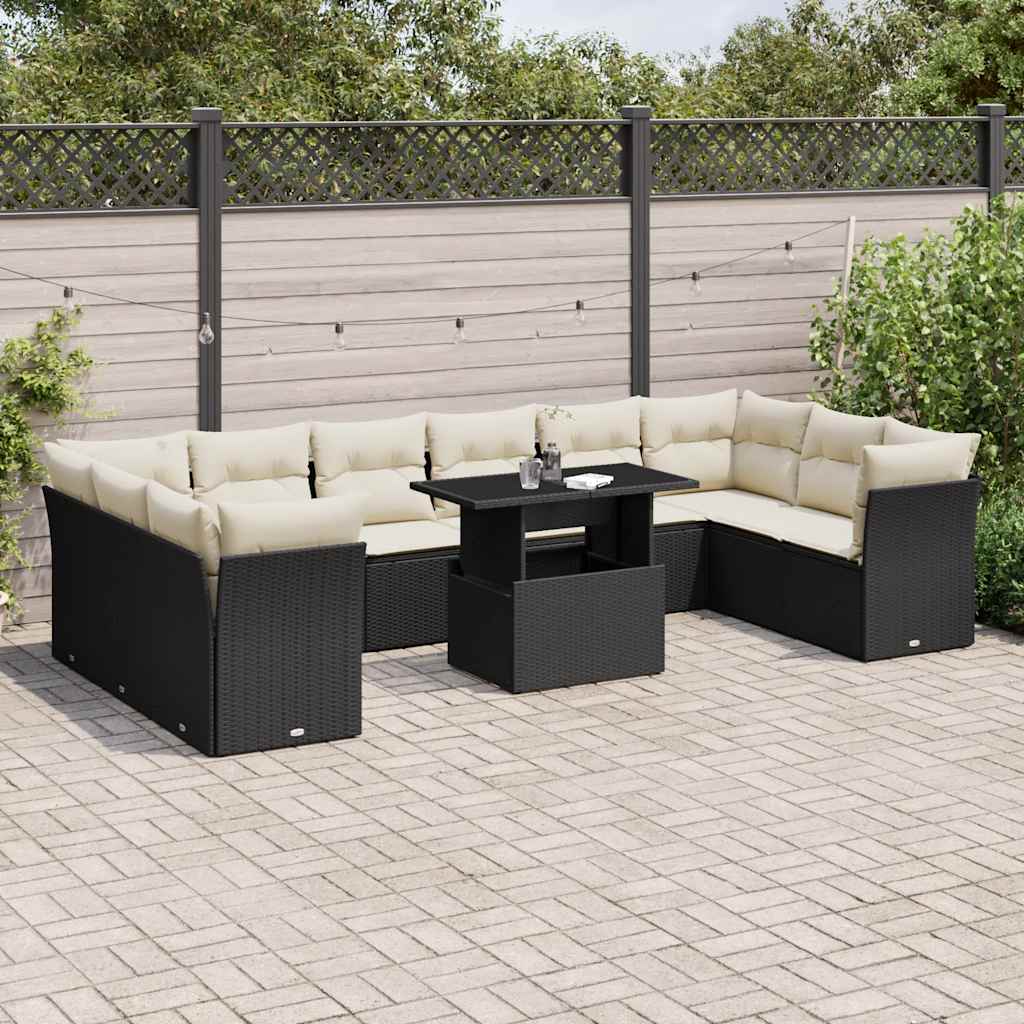 11 Piece Garden Sofa Set with Cushions Black Poly Rattan