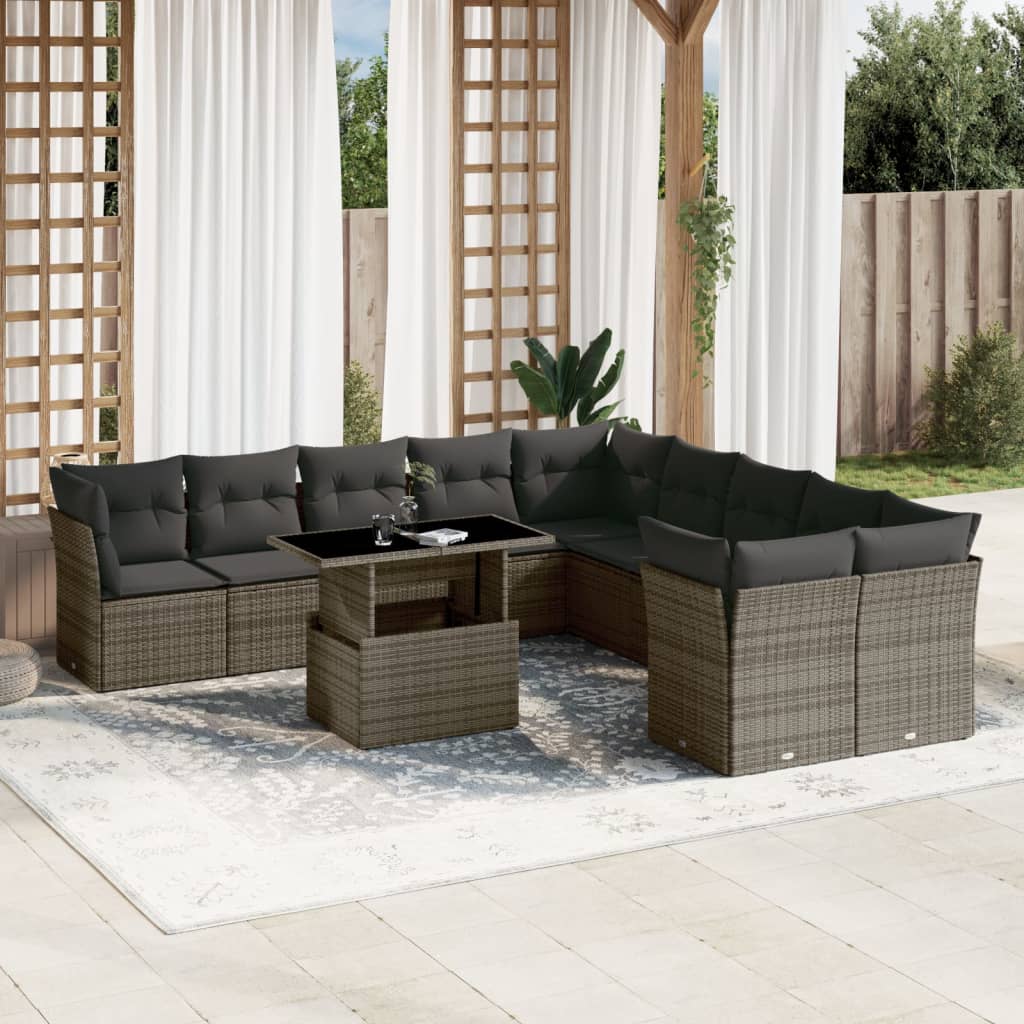 11 Piece Garden Sofa Set with Cushions Grey Poly Rattan