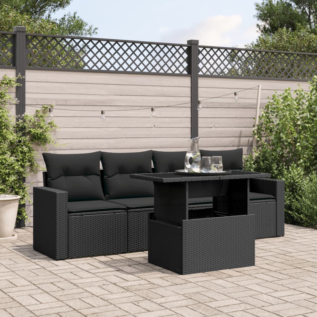 5 Piece Garden Sofa Set with Cushions Black Poly Rattan