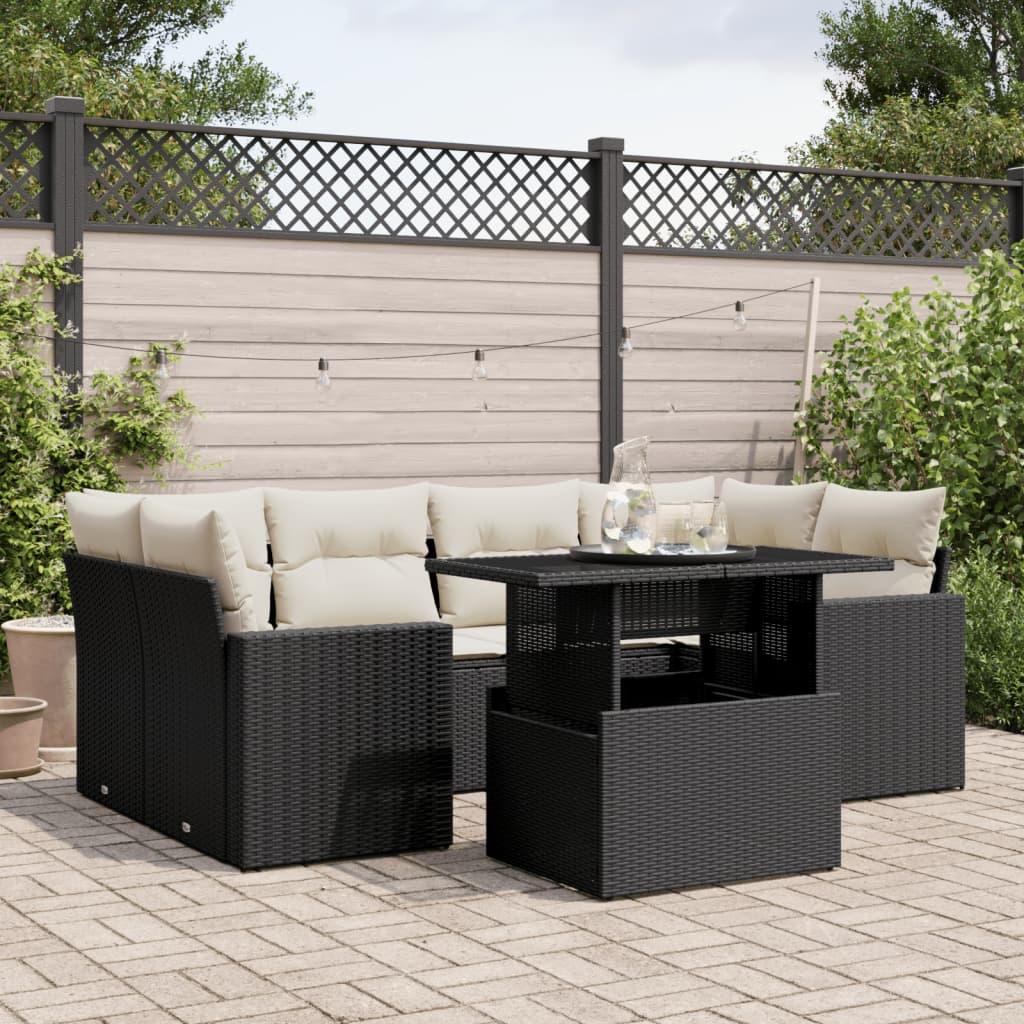 7 Piece Garden Sofa Set with Cushions Black Poly Rattan