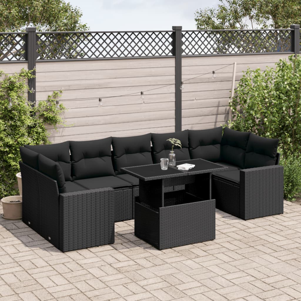 8 Piece Garden Sofa Set with Cushions Black Poly Rattan