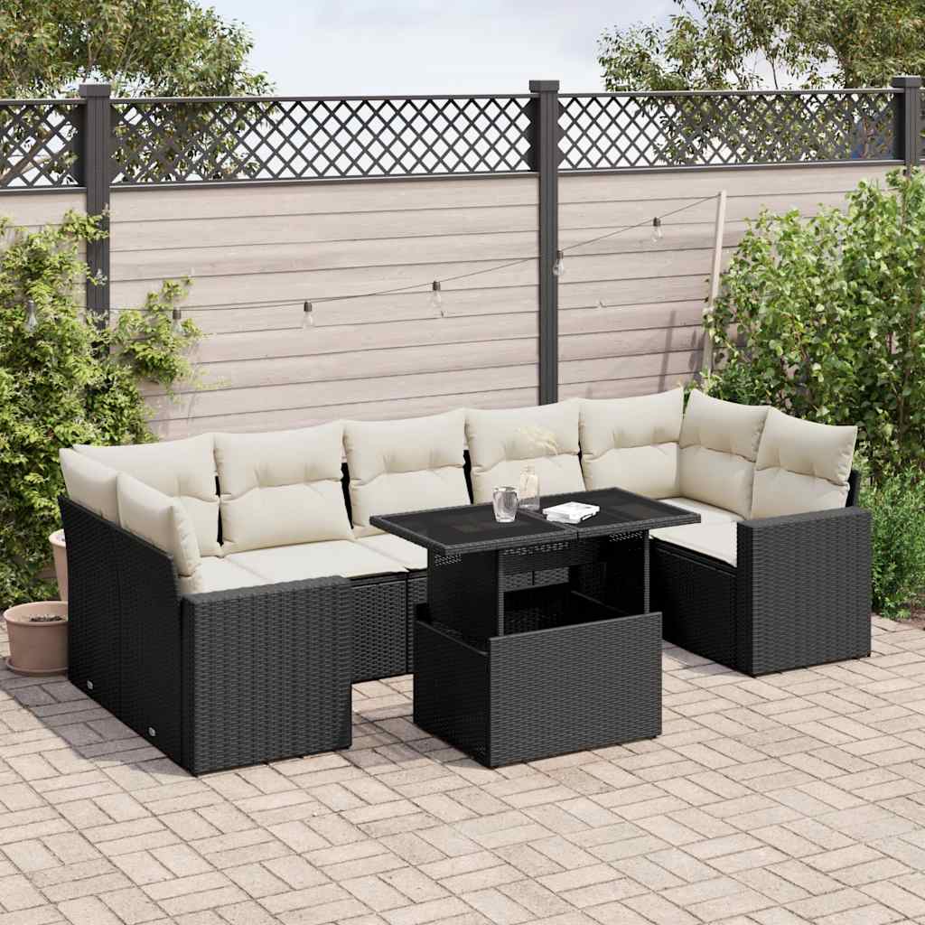 8 Piece Garden Sofa Set with Cushions Black Poly Rattan