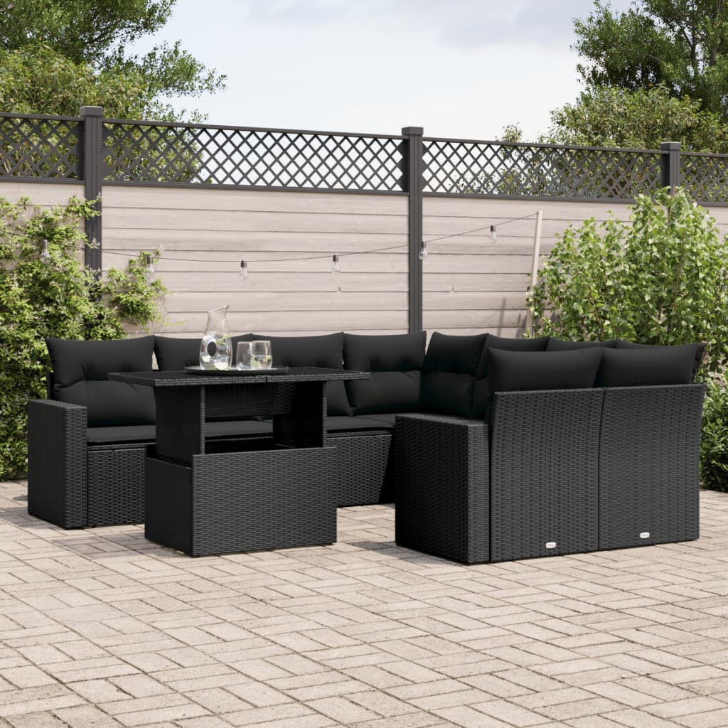 9 Piece Garden Sofa Set with Cushions Black Poly Rattan