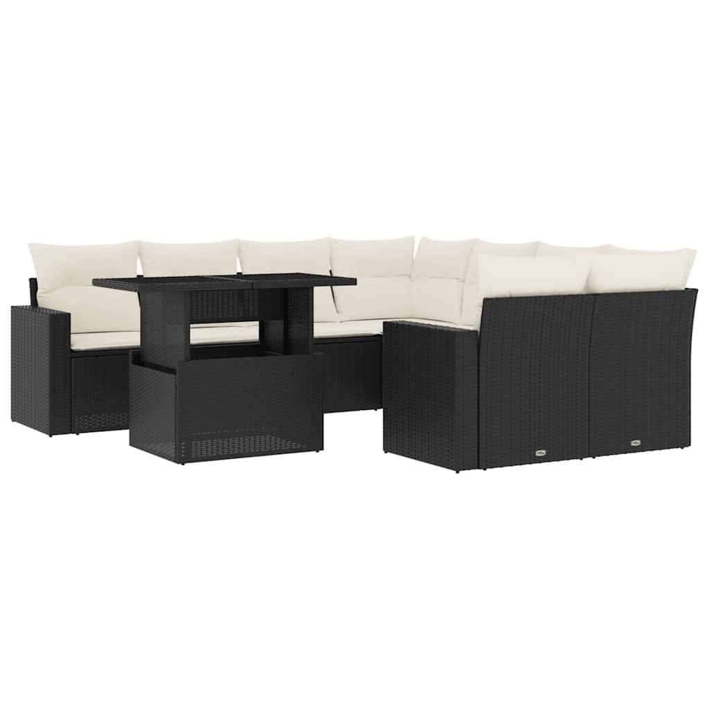 9 Piece Garden Sofa Set with Cushions Black Poly Rattan