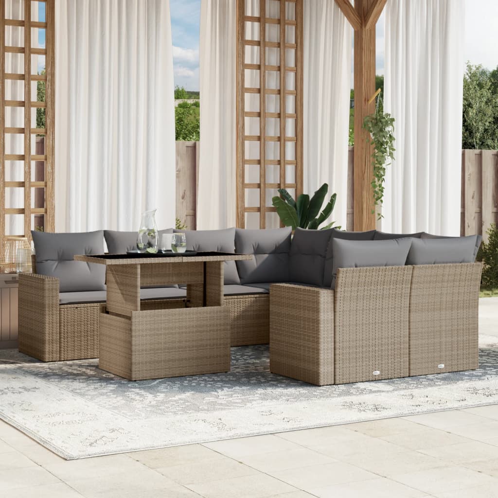 9 Piece Garden Sofa Set with Cushions Beige Poly Rattan