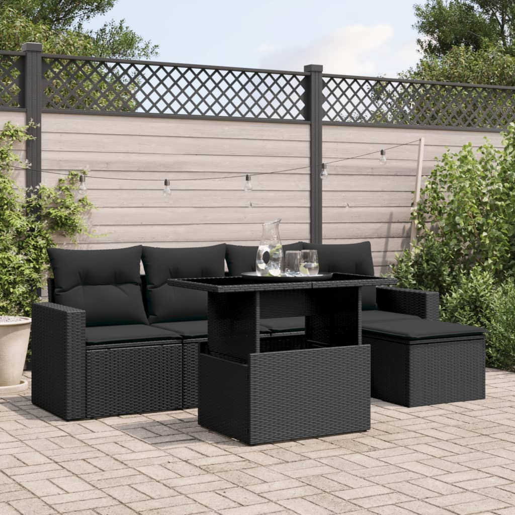 6 Piece Garden Sofa Set with Cushions Black Poly Rattan