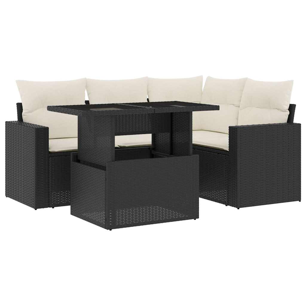 5 Piece Garden Sofa Set with Cushions Black Poly Rattan