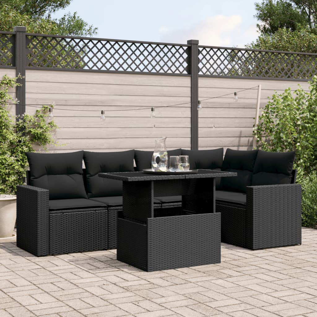 6 Piece Garden Sofa Set with Cushions Black Poly Rattan