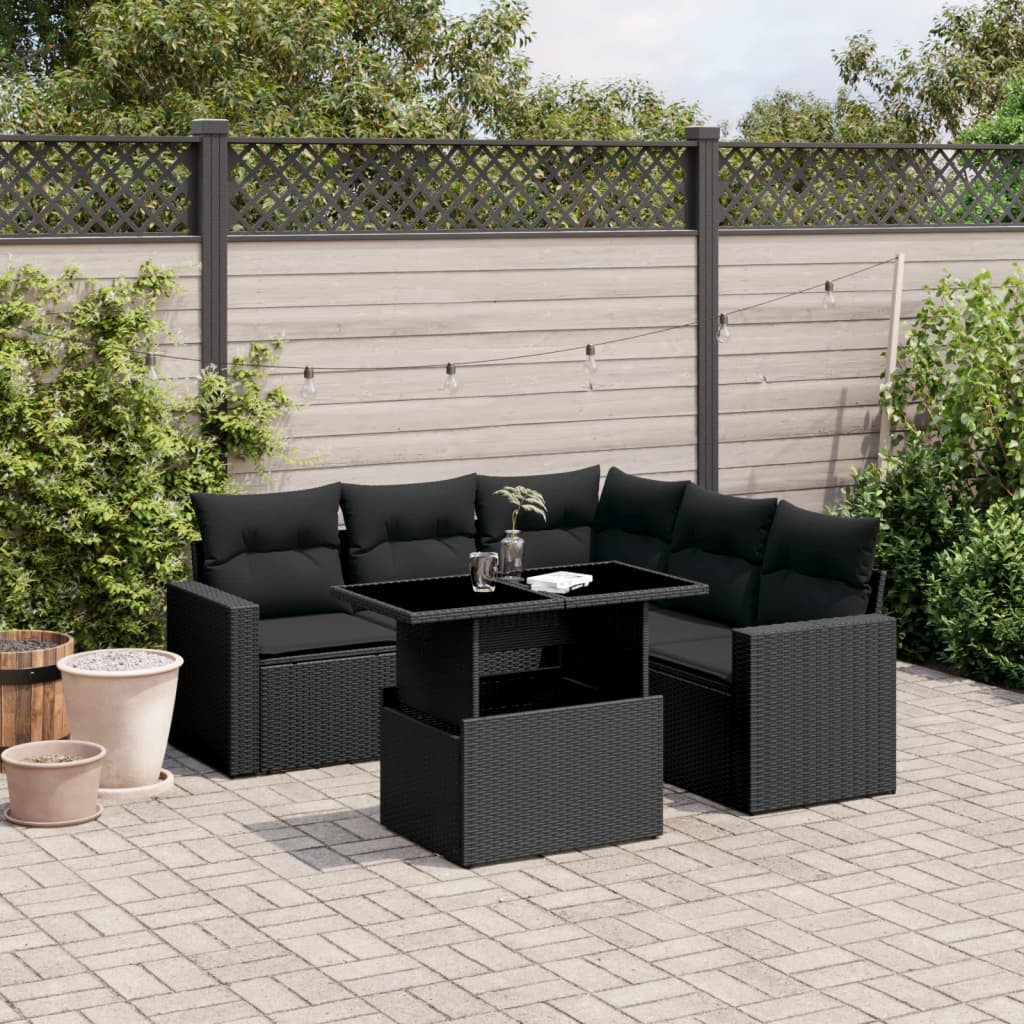 6 Piece Garden Sofa Set with Cushions Black Poly Rattan