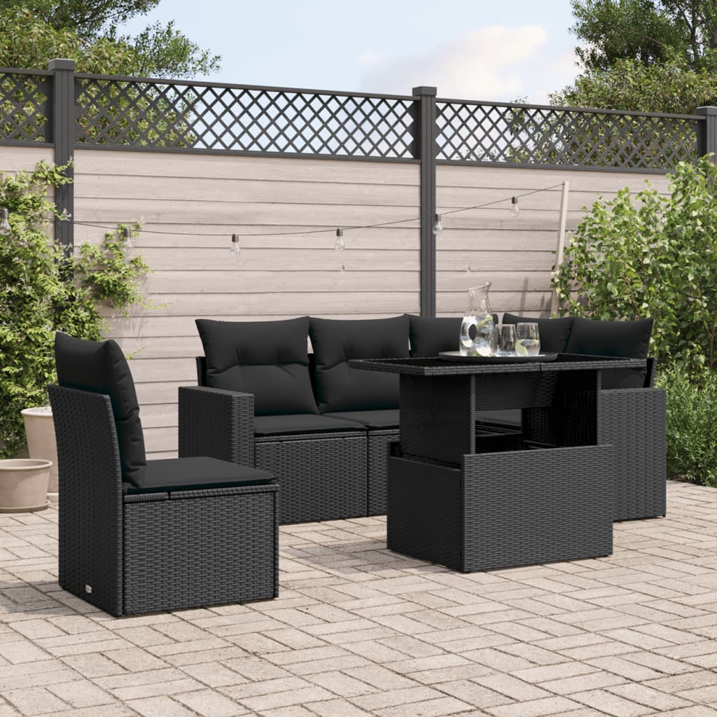 6 Piece Garden Sofa Set with Cushions Black Poly Rattan