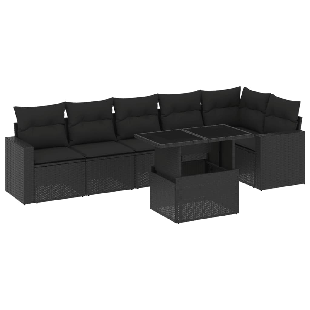 7 Piece Garden Sofa Set with Cushions Black Poly Rattan