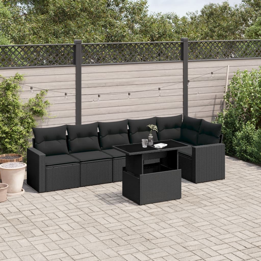 7 Piece Garden Sofa Set with Cushions Black Poly Rattan