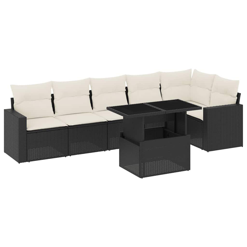 7 Piece Garden Sofa Set with Cushions Black Poly Rattan