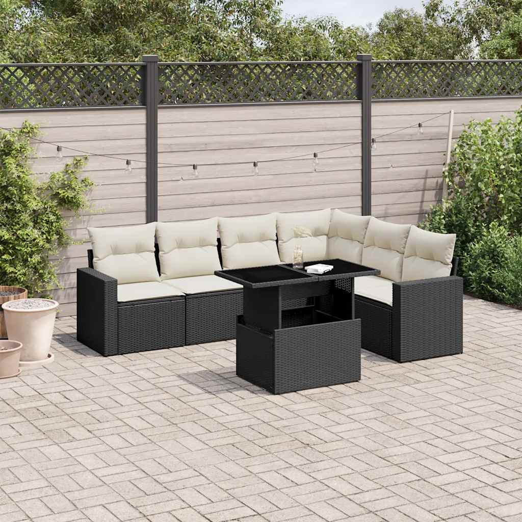 7 Piece Garden Sofa Set with Cushions Black Poly Rattan