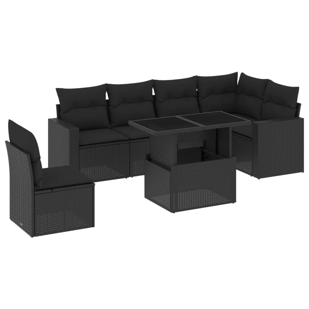 7 Piece Garden Sofa Set with Cushions Black Poly Rattan