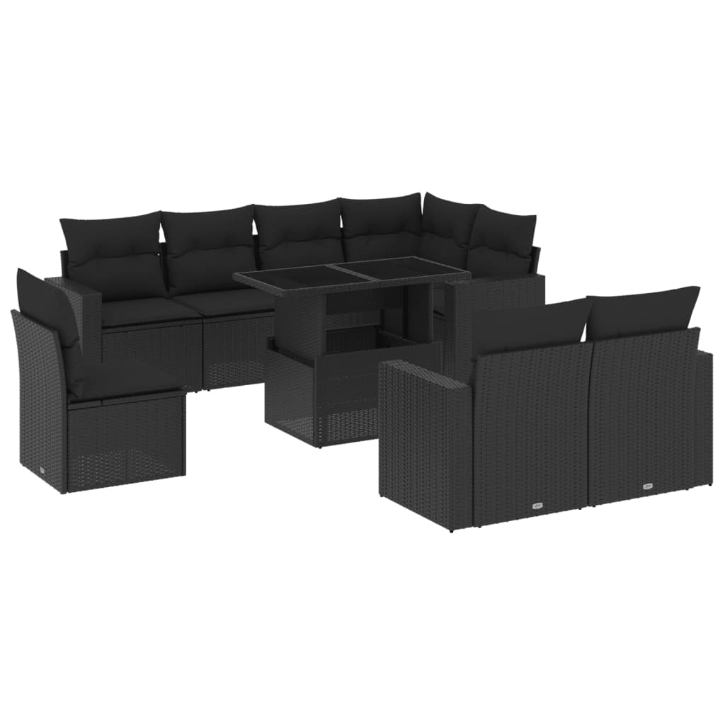 9 Piece Garden Sofa Set with Cushions Black Poly Rattan