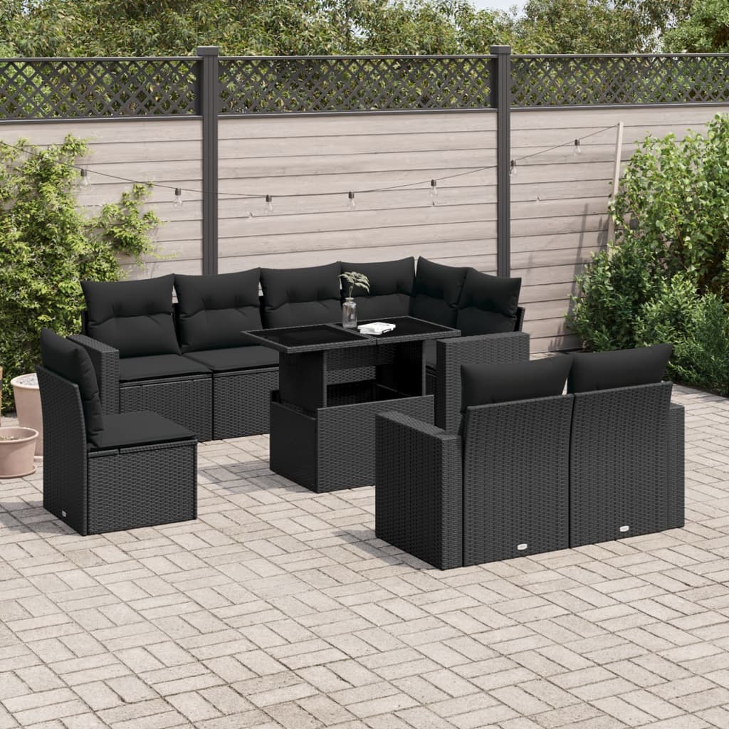 9 Piece Garden Sofa Set with Cushions Black Poly Rattan