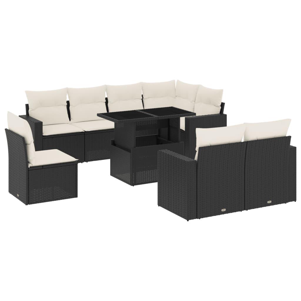 9 Piece Garden Sofa Set with Cushions Black Poly Rattan