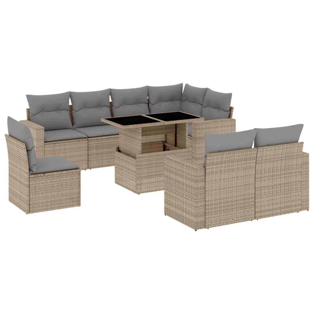 9 Piece Garden Sofa Set with Cushions Beige Poly Rattan