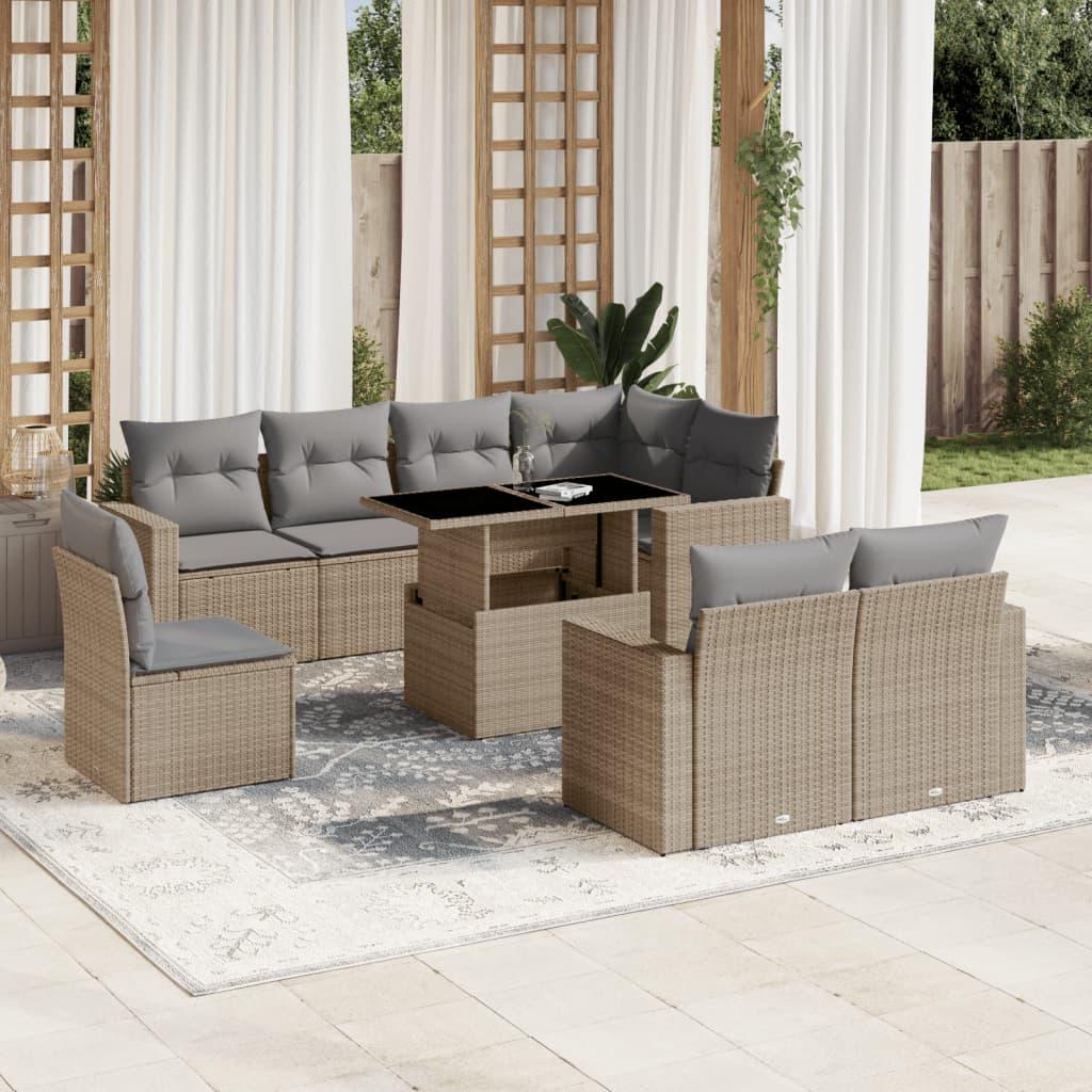 9 Piece Garden Sofa Set with Cushions Beige Poly Rattan