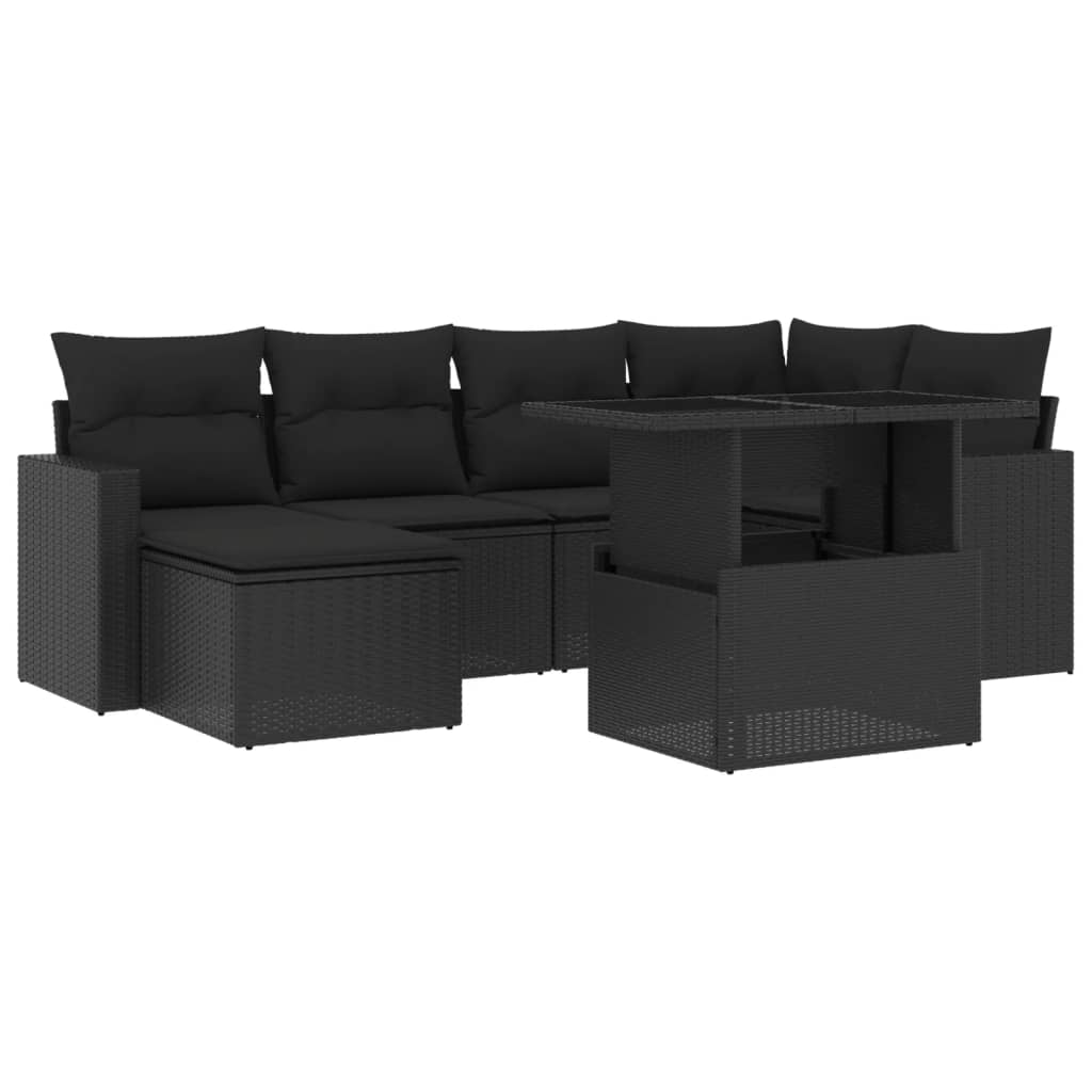 7 Piece Garden Sofa Set with Cushions Black Poly Rattan