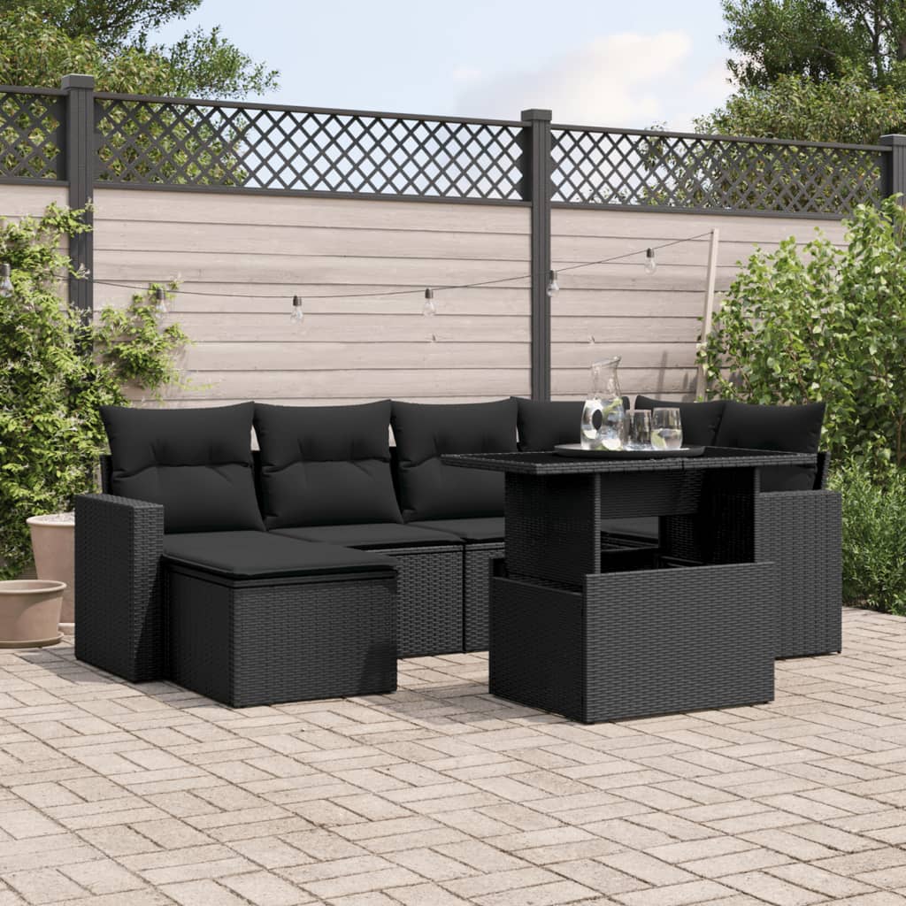 7 Piece Garden Sofa Set with Cushions Black Poly Rattan