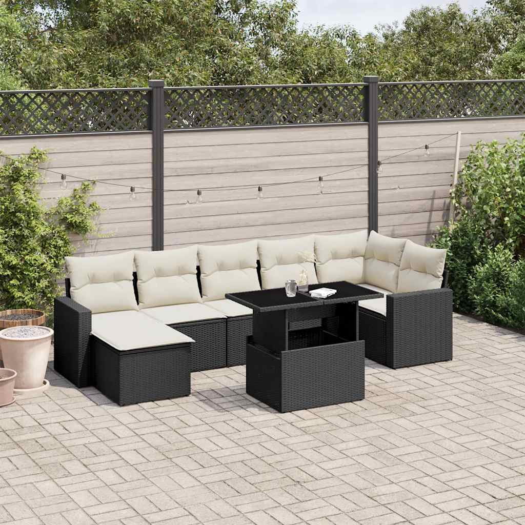 8 Piece Garden Sofa Set with Cushions Black Poly Rattan
