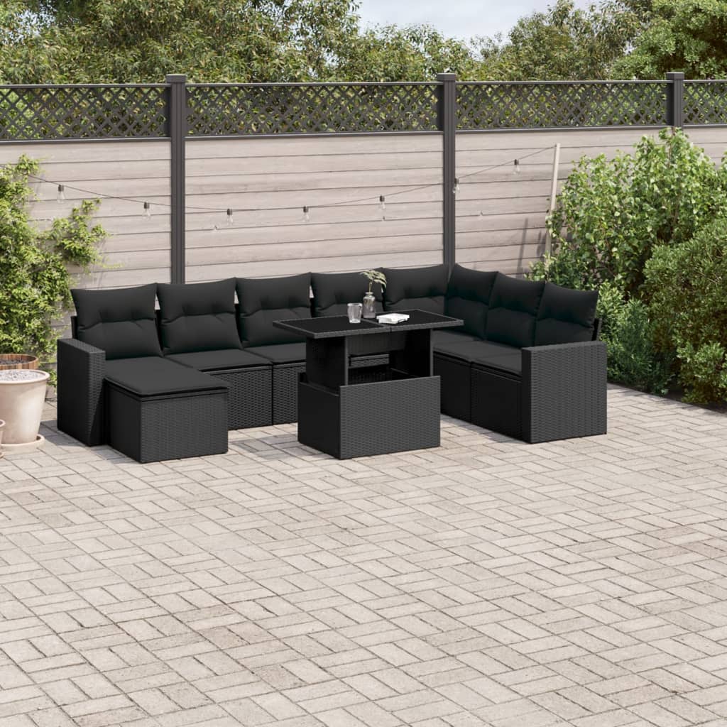 9 Piece Garden Sofa Set with Cushions Black Poly Rattan