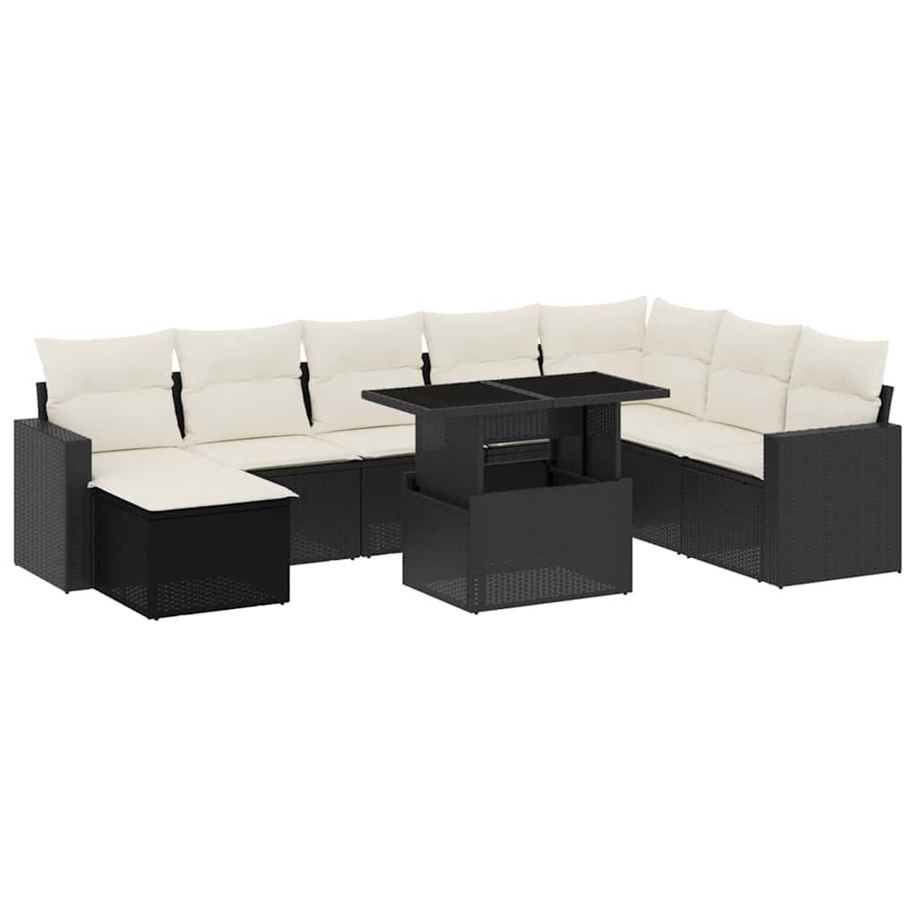 9 Piece Garden Sofa Set with Cushions Black Poly Rattan